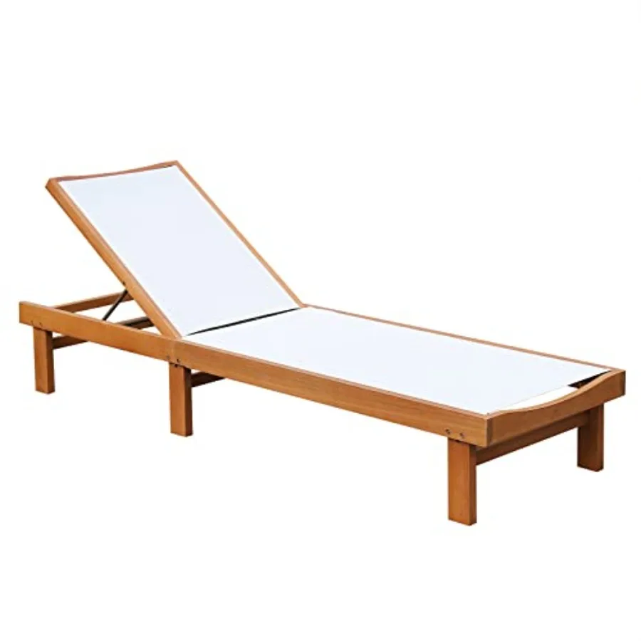 Outdoor Wood Chaise Lounge Chair Patio Reclining Lounger with 5 Position Adjustable Back Eucalyptus Wood Frame and Breathable F