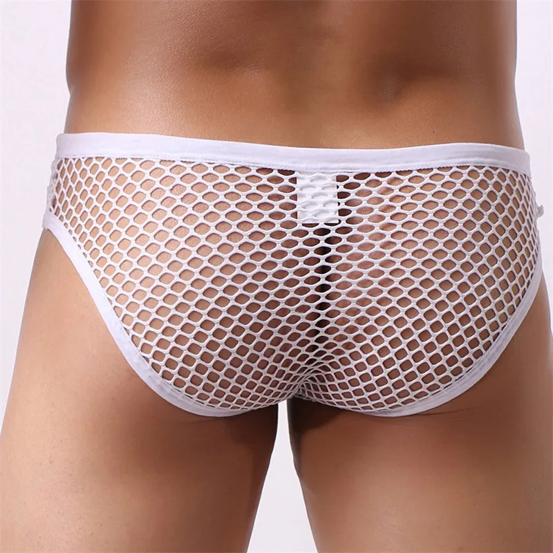 Hollow Mens Sexy Low-Rise Mesh Panties Male Fishnet Transparent Bikini Elastic Pouch Underwear Underpants White Black Briefs