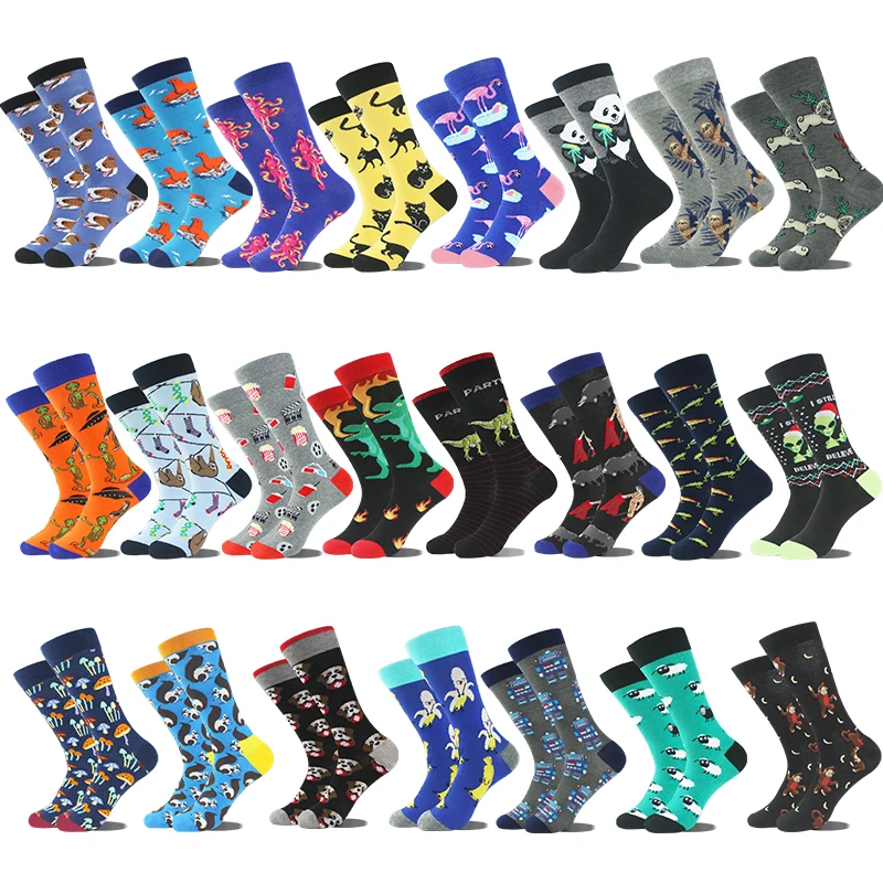 Animal Funny Socks Men Divertidos Happy Aliens Dinosaur Pug Panda Flamingo Cactus Sokken Unisex Novelty Skateboard Crazy Meias