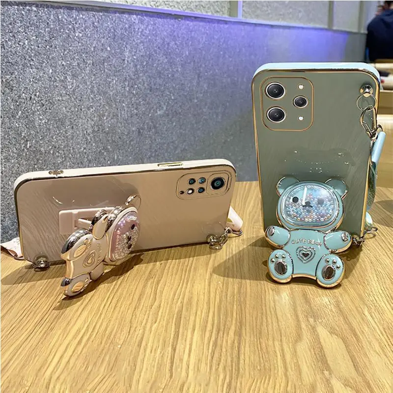 Quicksand Bear Holder Lanyard Phone Case For Xiaomi Redmi Note 12s 12 Pro Plus 4G 5G 12C Strap Stand Cover_voghion.com