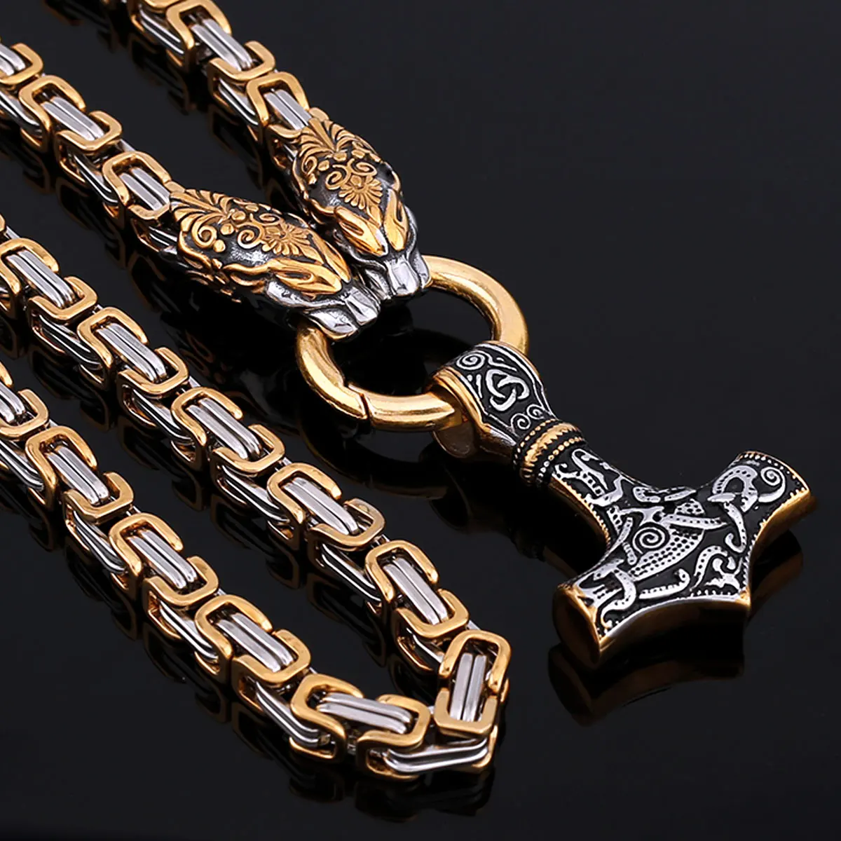 

Free Shipping Vintage Animal Viking Thor's Hammer Necklace Men's Nordic Amulet Scandinavian Fashion Jewelry Punk Charm Chain