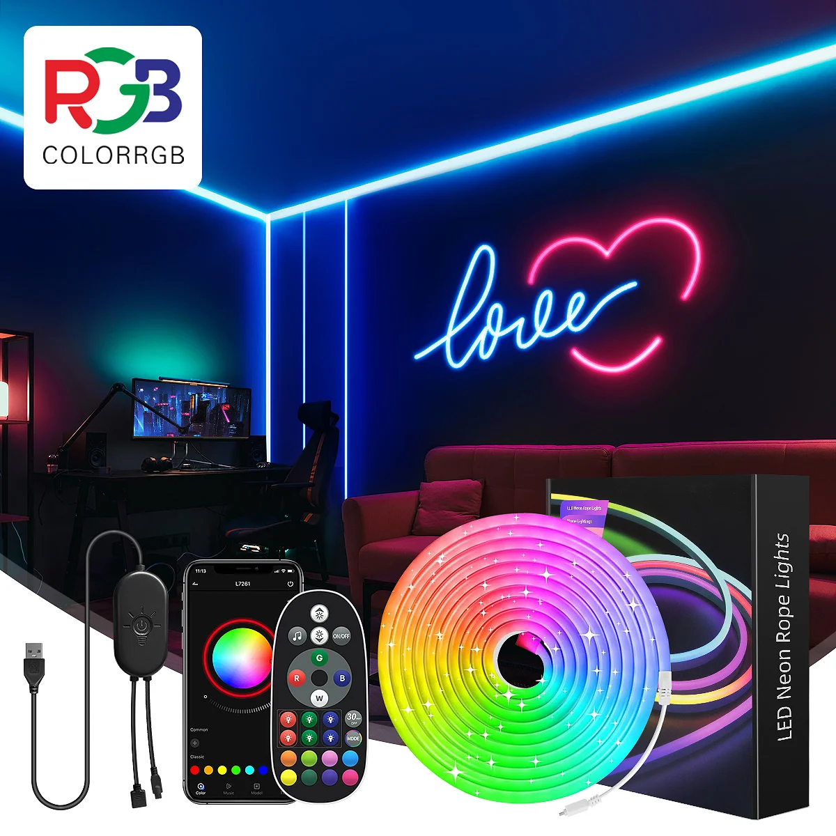 Game Controller Rope Light LED Neon Rope Lights, Control with App/Remote Control, Flexible LED ...
