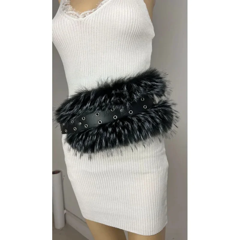 Black White pointed faux fur belt air hole