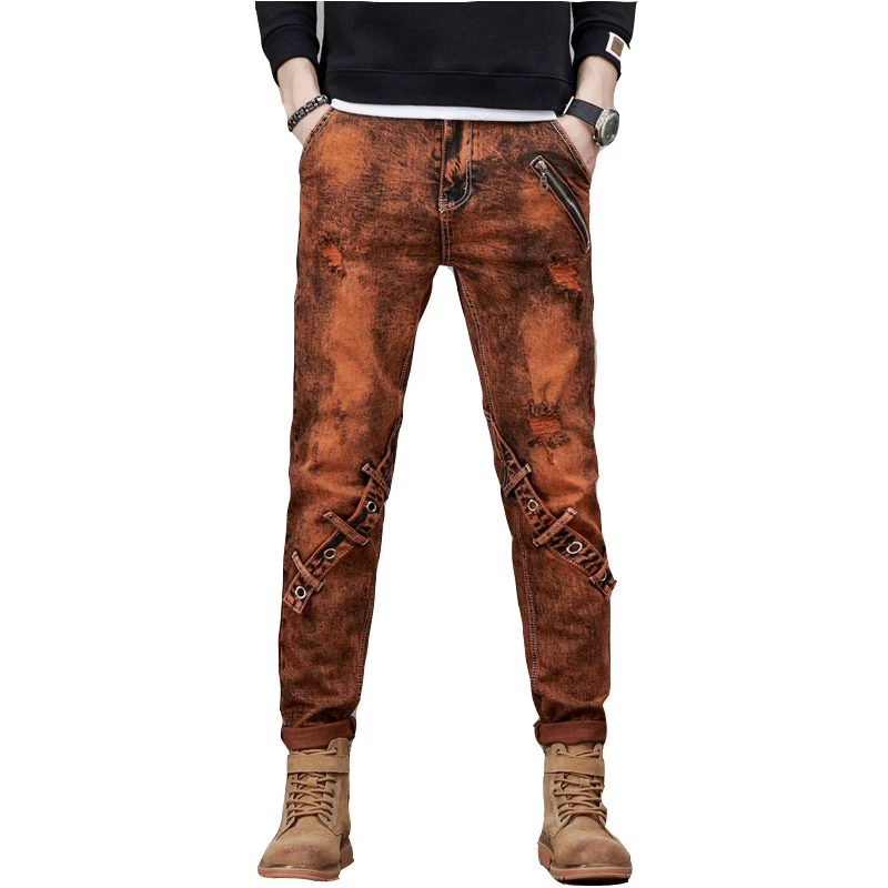 

Vintage Designer Boyfriend Tangerine Slim Ripped Jeans Streetwear Personality Splicing Washed Men Casual Slim Denim Pants