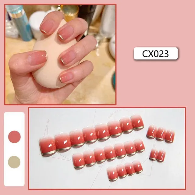 24pcs/box Fake Nails Press on Short Reusable with Designs Set French Artificial Pink False Tipsy Stick-on Nails Tips Art CX023