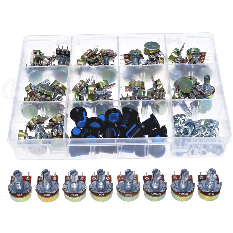45Pcs WH148 Single Potentiometer Assorted Kit B1K/5K/10K/20K/50K/100K/500K/1M with knobs Single potentiometer set Shaft Nuts