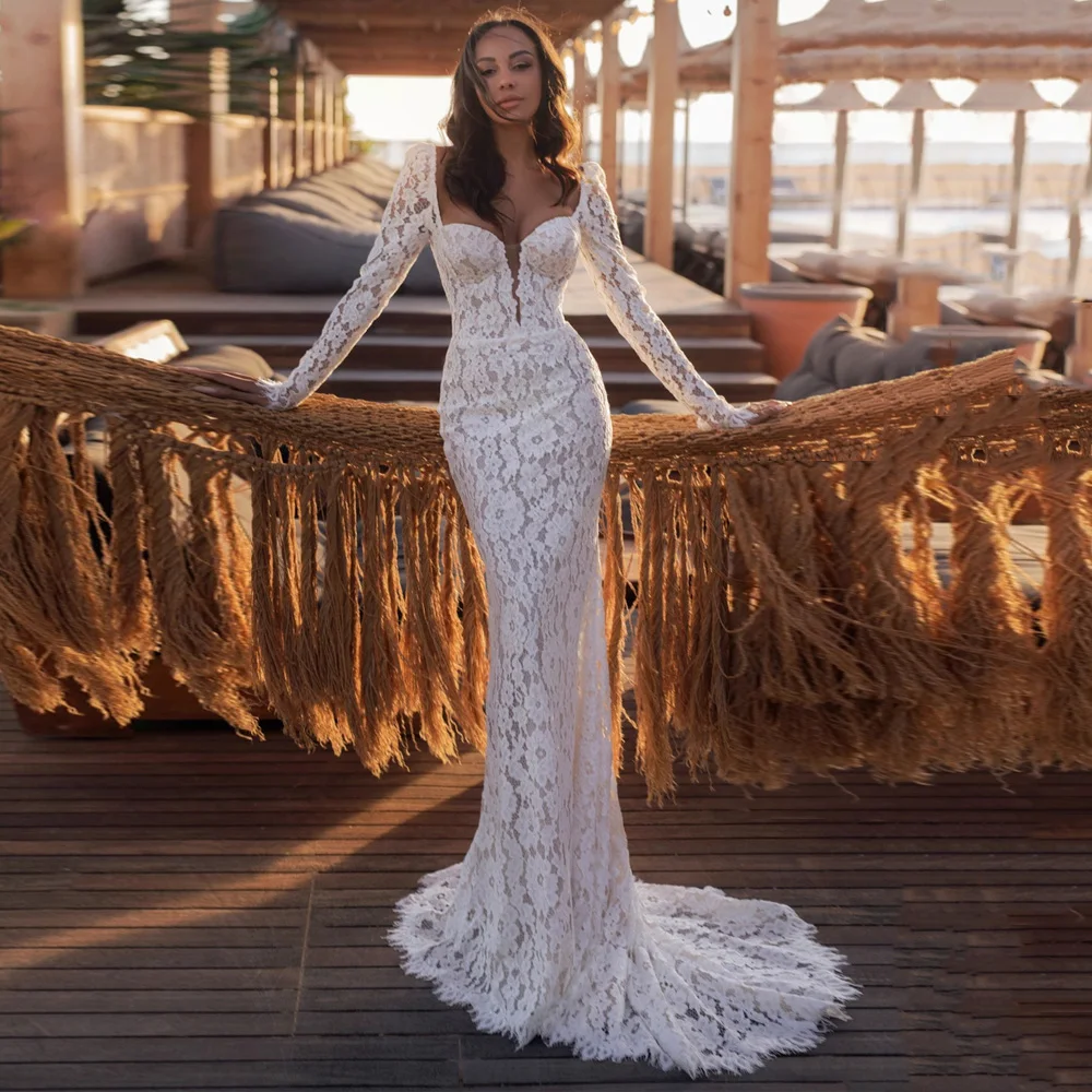 Sexy Lace Wedding Dress Mermaid Bridal Dresses Sweetheart Sweep Train Backless Illusion Bride Gown Jiayigong
