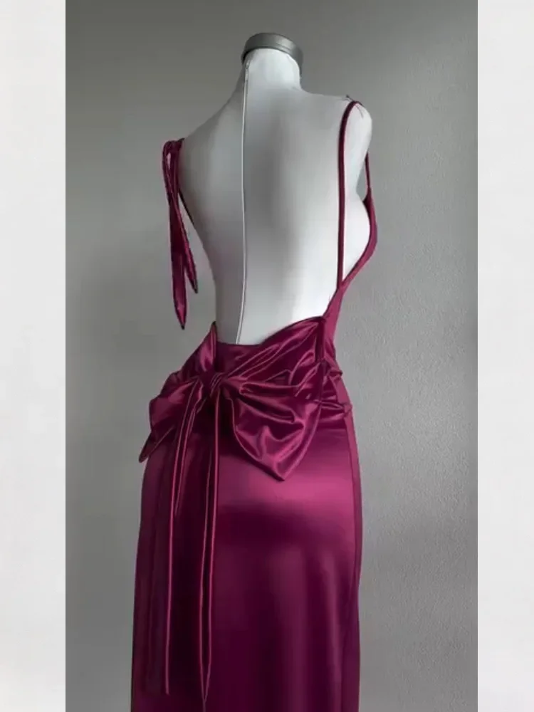 New Summer Women's Tube Top Suspender Rose Red Dress Elegant Satin Suspender Dress Fashion Backless Bow Waist Slim Evening Dress