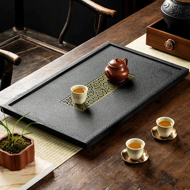 

Decoration Coffee Black Tray Serving Marble Chinese Stone Tea Tray Drainage Luxury Bandeja Decorativa Tray Set Serving MZY