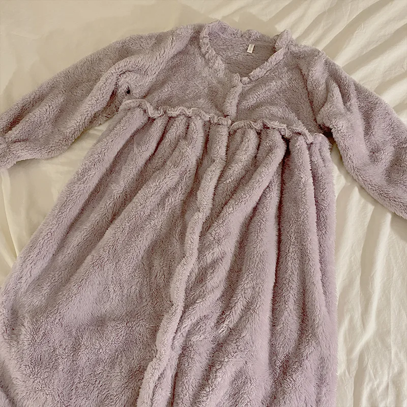 Winter Flannel Nightgowns Fleece Long Sleeve Warm Nightdress Autumn Thermal Thicken Korean Sleepshirt Pajamas Home Dressing Gown