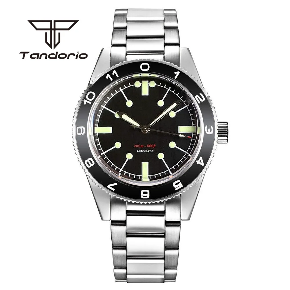 Tandorio 41mm Men's Automatic Wristwatch Sapphire Glass NH35A Black Sterile Dial Green Luminous Screw Crown Nylon Strap