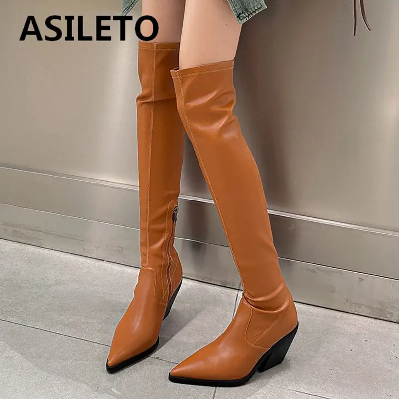 

ASILETO Brand Female Stretch Over Knee Boots Pigskin Pointed Toe Chunky Heels 8cm Zipper Sexy Women Party Booties Big Size 40