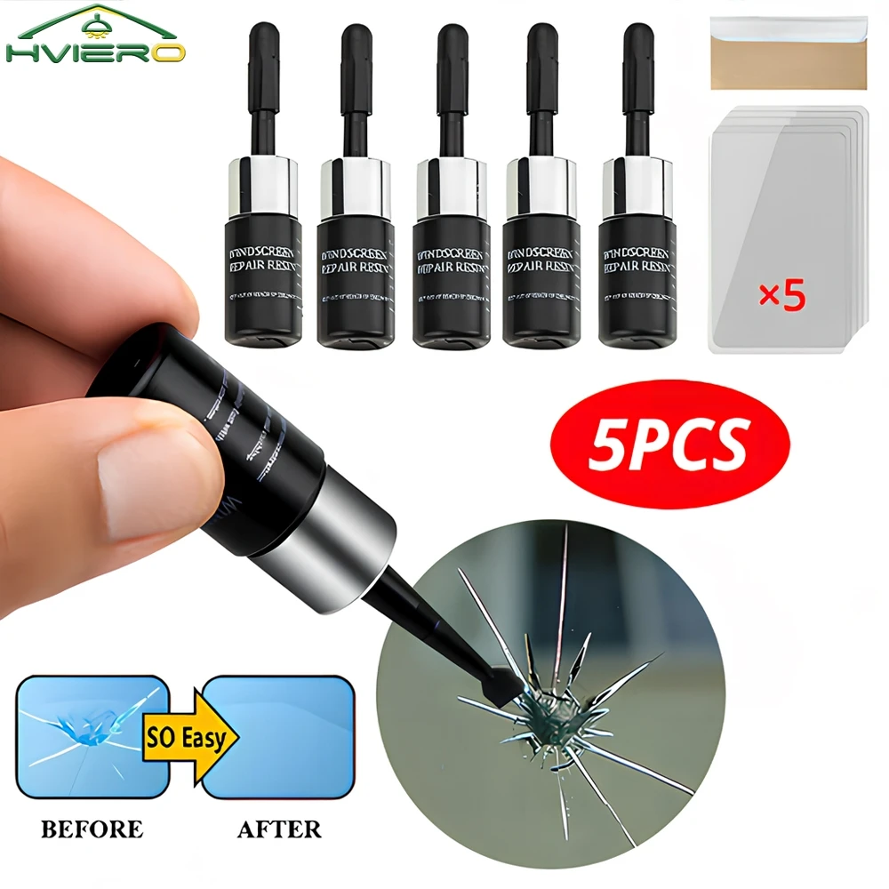 Car Glass Repair 5Pcs Auto Windshield Repair Tool Reducing Agent Glue Window Resin Three Piece Set Scratch Curing Liquid Applicator Accessories