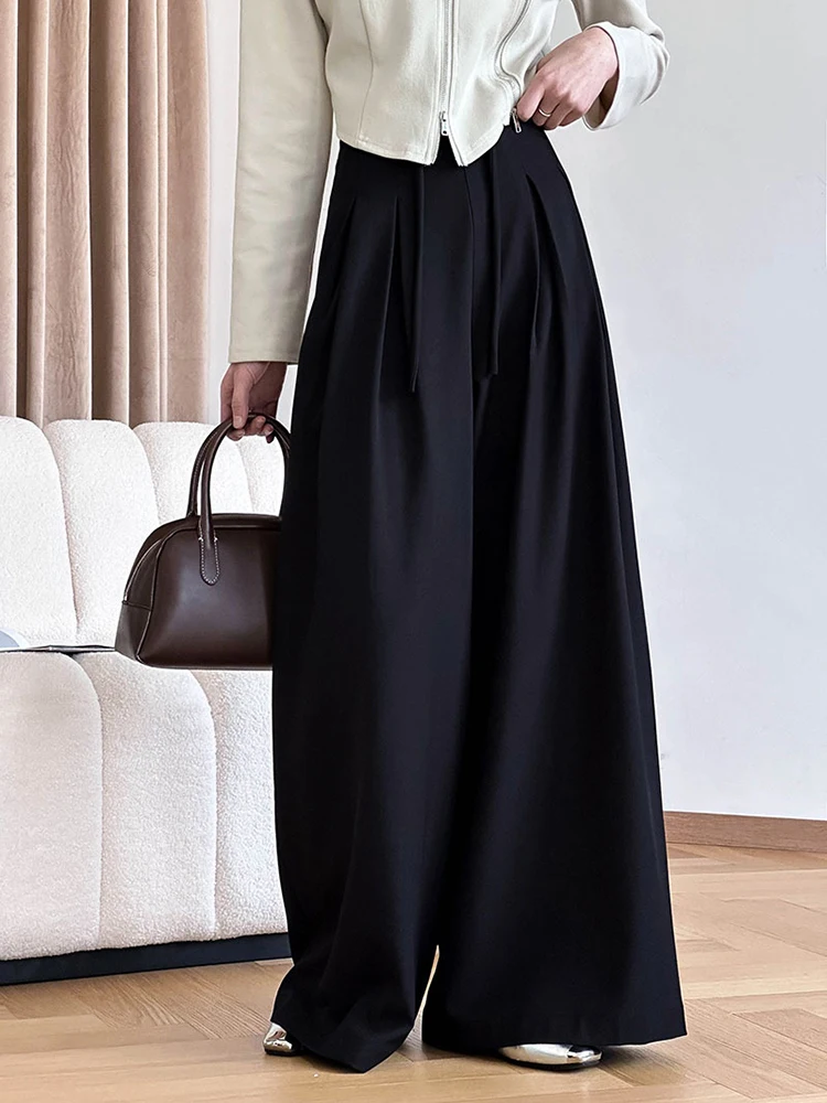 [LANMREM] Drawstring Pleated Pants For Women High Waist Wide Leg Suits Trousers Office Lady Clothes 2024 Summer New 26D8845