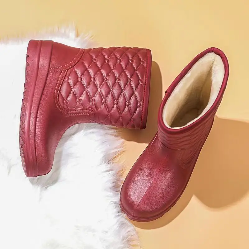 2023 Women's Winter High Top Cover Foot  Plush Warm Rain Shoes Thick Sole Non Slip Waterproof Cotton Boots Water Shoes Work Shoe