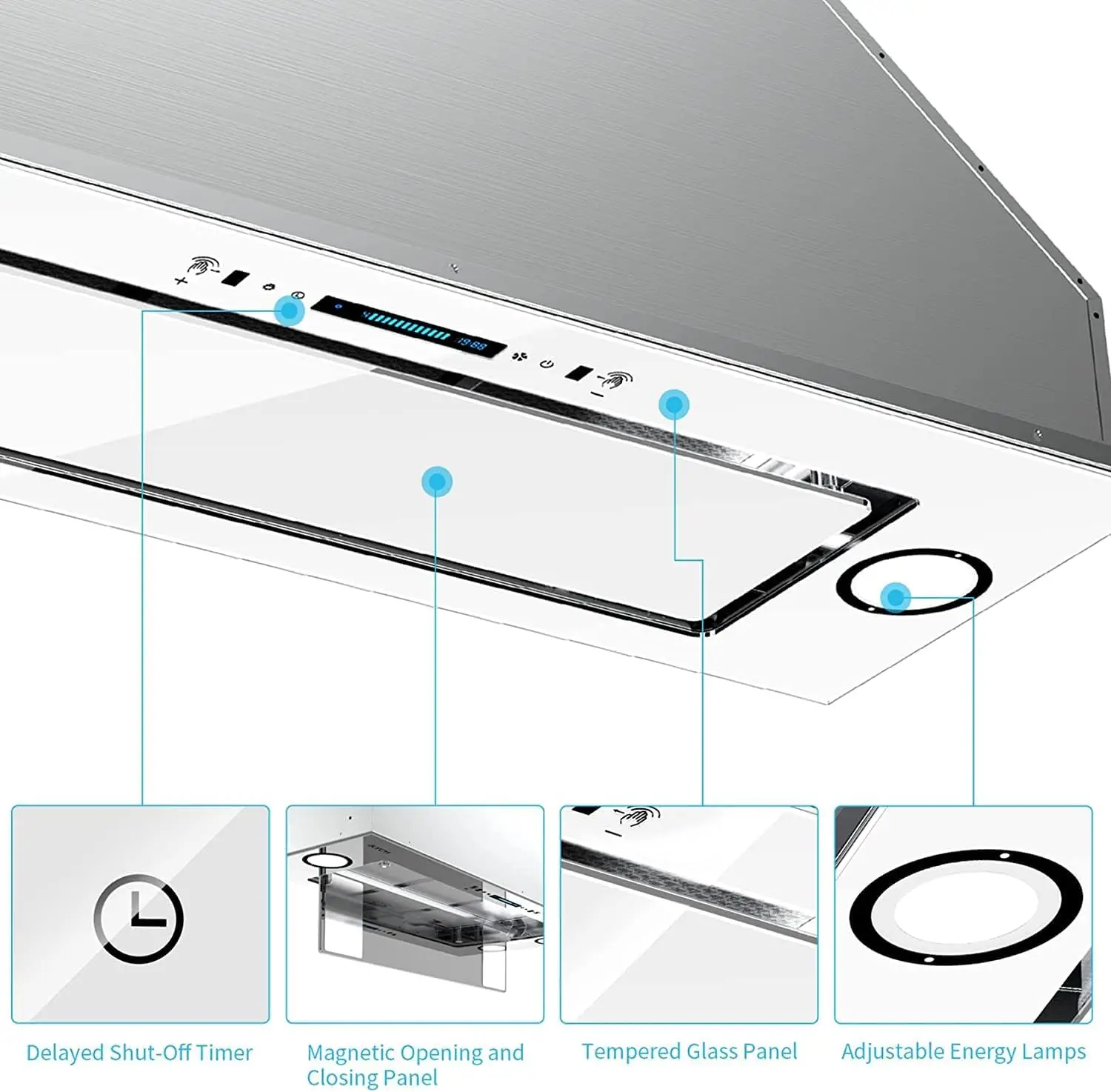 30" Range Hood Insert, Ductless Range Hood with 4 Speed Fan, White Stainless Steel & Tempered Glass Ran 6