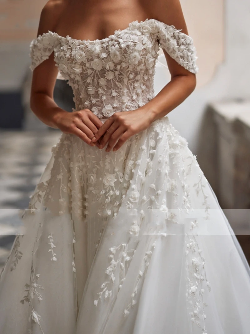 Elegant Wedding Dresses A-Line Tulle Bridal Gowns Lace Appliques Off The Shoulder Robes Vintage Vestidos De Novia Customized 4
