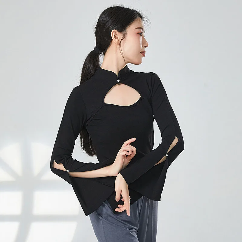 

Adult Slim Fit Belly Dance Cheongsam Collar Beads Key Hole Long Sleeve T Shirt Top Costume for Women Dancing Clothes Clothing