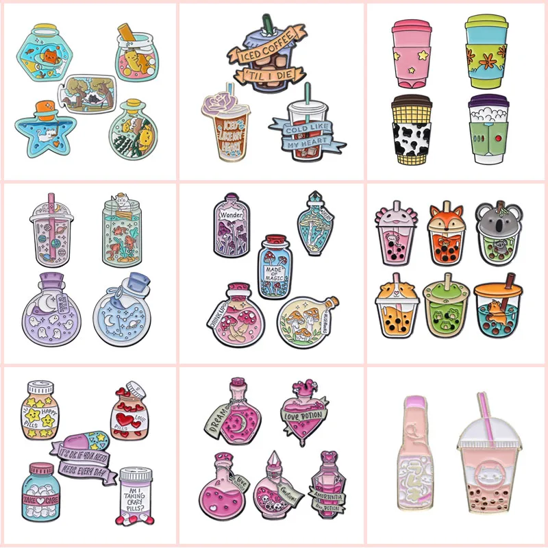 

Cartoon Wishing Bottle Drink Cup Enamel Pin Set Coffe Milk Tea Cup Magic Potion Brooches Lapel Badges Jewelry Gift for Friends