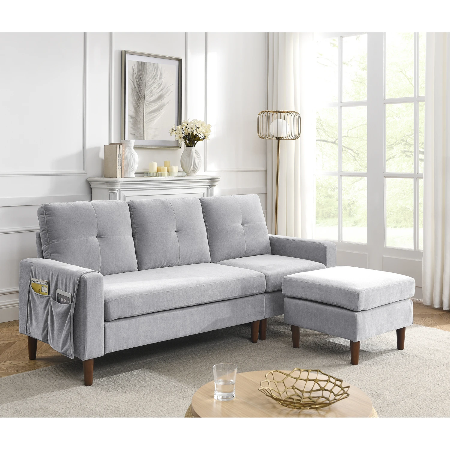 

Elegant Light Grey Chenille 3 Seats L-shape Convertible Sectional Sofa Couch with Removable Cushions, Pocket, and Rubber Wood Le
