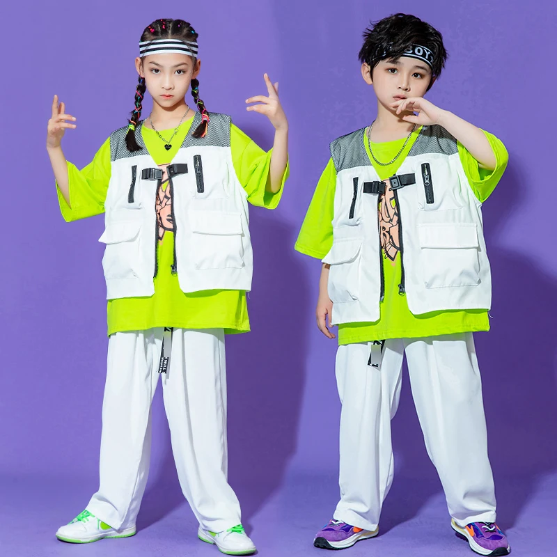 

Hip Hop Kids Clothes Loose Short Sleeved T-Shirts White Vest Pants For Girls Jazz Performance Clothing Boys Stage Costume BL8238