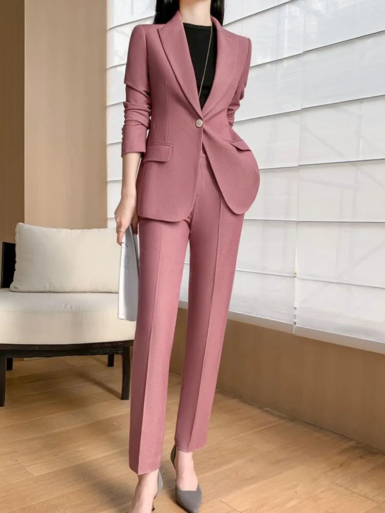 Fashion New Women Vintage Formal Solid Pantsuit Elegant Chic Blazer Coat Straight Pants Outfits Female Interview Two Pieces Set