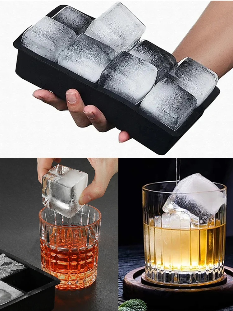 Ice Cube Tray Silicone Ice Mold Large Ice Cube Mold Square Ice Cube Maker Ice Cube Tray 4/6/8 Grid for Whiskey Cocktail Ice Mold