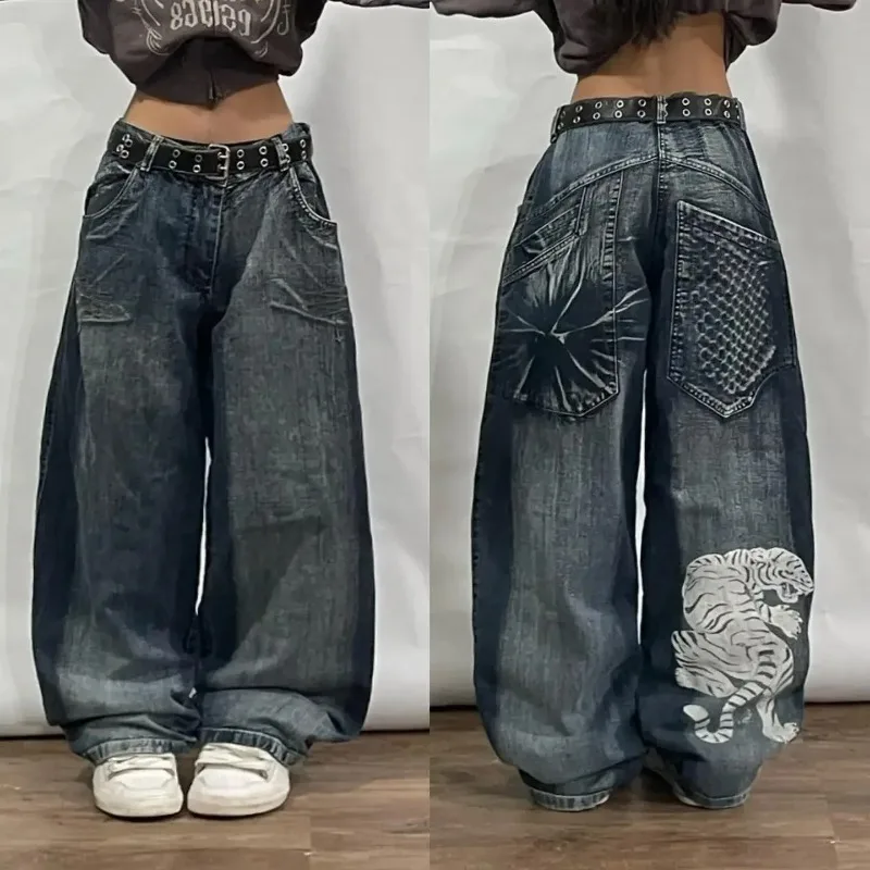 

New Harajuku Retro Big Tiger Head Embroidered Baggy Jeans Y2K Street Fashion Hip Hop Popular Gothic Casual Joker Wide-leg Pants