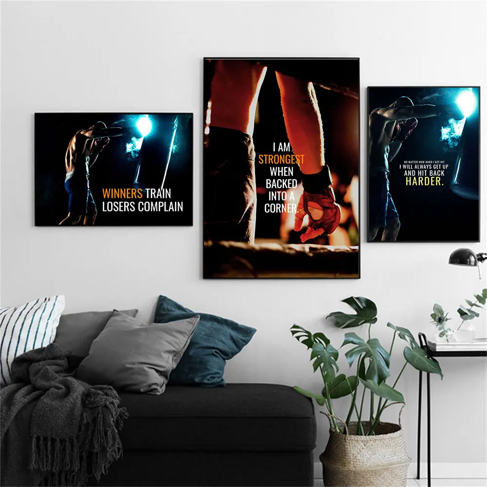 

Motivational Quote Kickboxing Training Poster Prints Canvas Wall Art Inspiring Boxing Fitness Painting for Gym Home Decoration