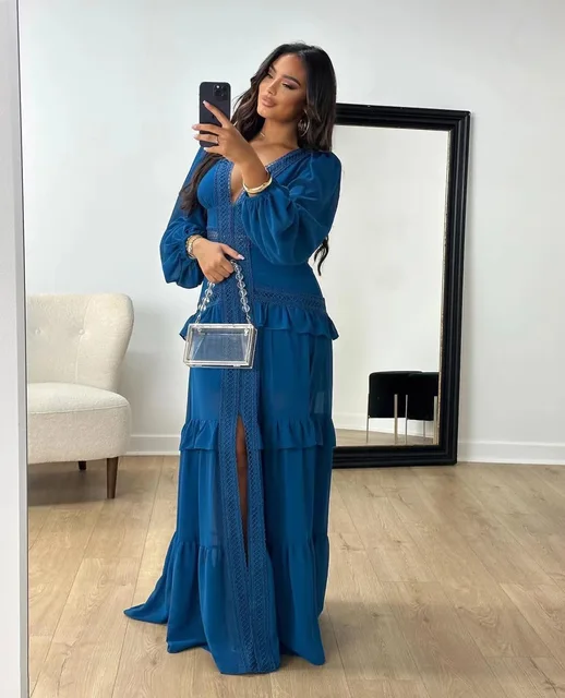 Elegant Womens Maxi Dress Ruffles Long Sleeve Hollow Out Evening Dresses Party Chic Robe Green Blue Purple New In Holiday Summer 2