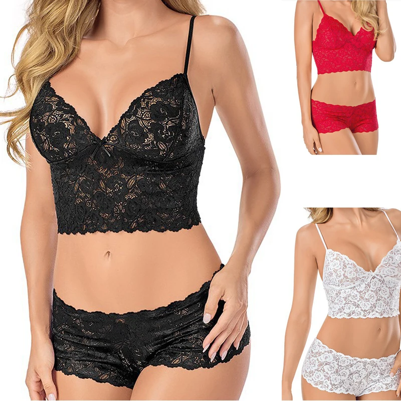 ANNJOLI Sexy Women's Underwear Transparent Bra Pajamas Lace Bra Set Underwear Floral Pattern Spaghetti Belt