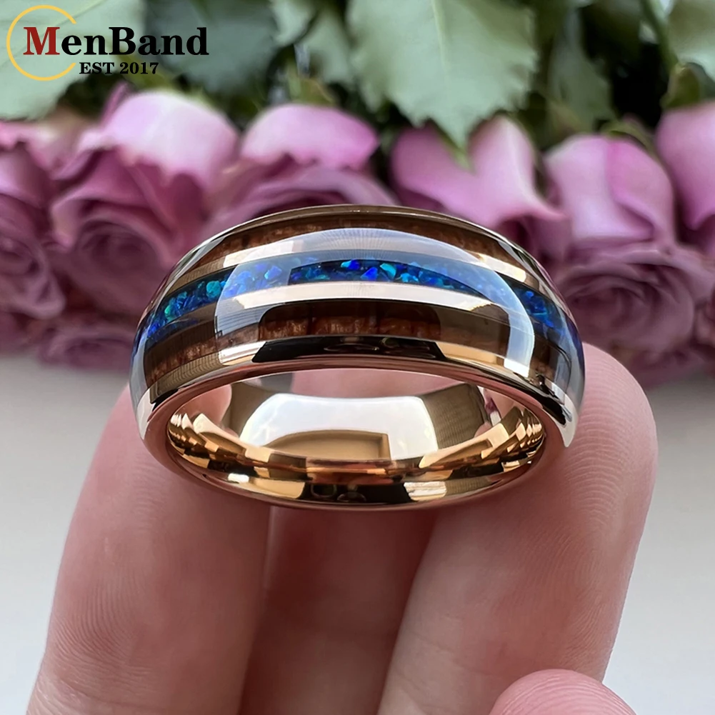 MenBand Fashion 8MM Men Women Tungsten Carbide Wedding Ring Blue Opal And Koa Wood Inlay Dome Polished Comfort Fit Size 6-15