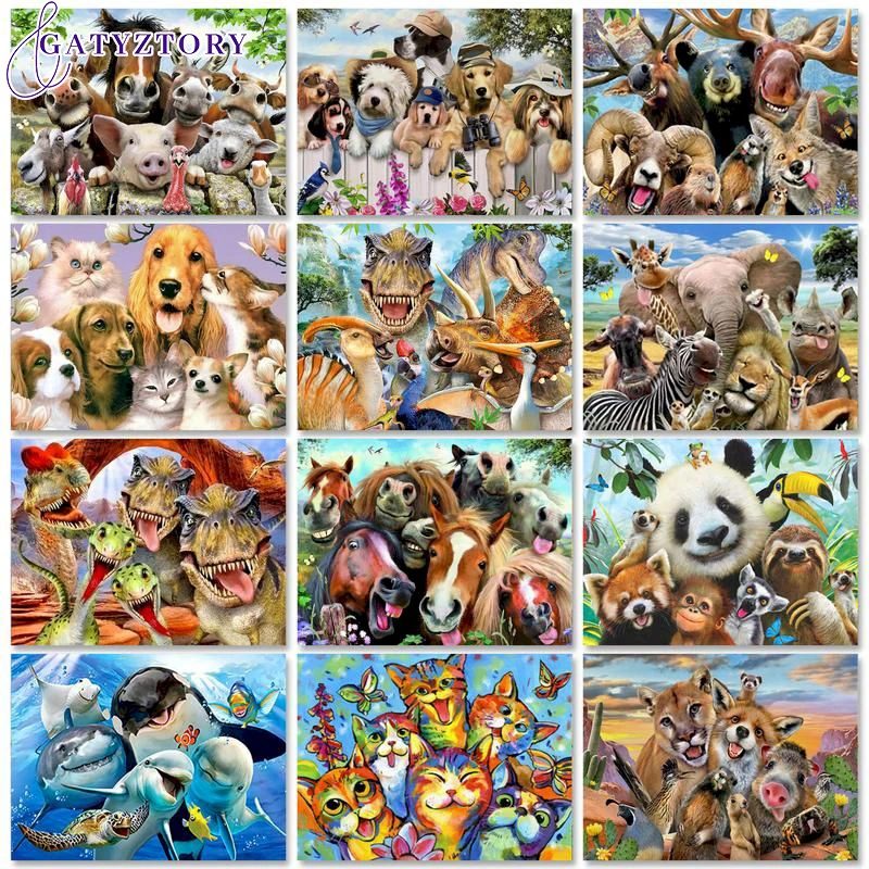 Gatyztory Paint By Numbers Kits On Canvas Animal Family Diy Frame