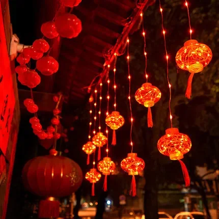 

New Led Chinese Festival New Year Red Lantern Decoration Leather String Light Spring Festival Curtain Light Lantern String Lamp