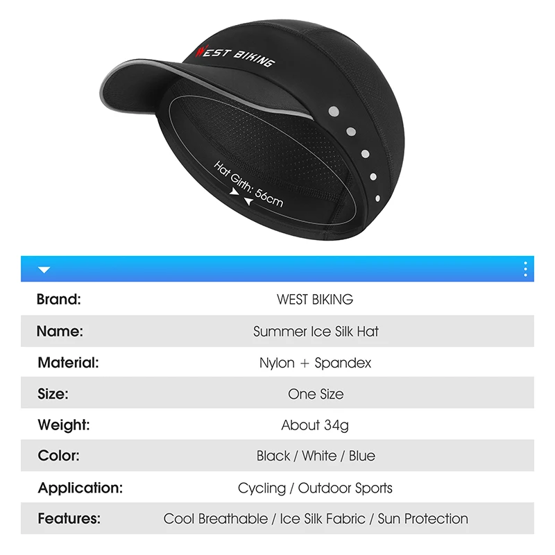 WEST BIKING lce 실크 자전거 모자, 메쉬 속건성 반사 브림 사이클링 모자, 남녀공용 휴대용 UV 차단 스포츠 모자