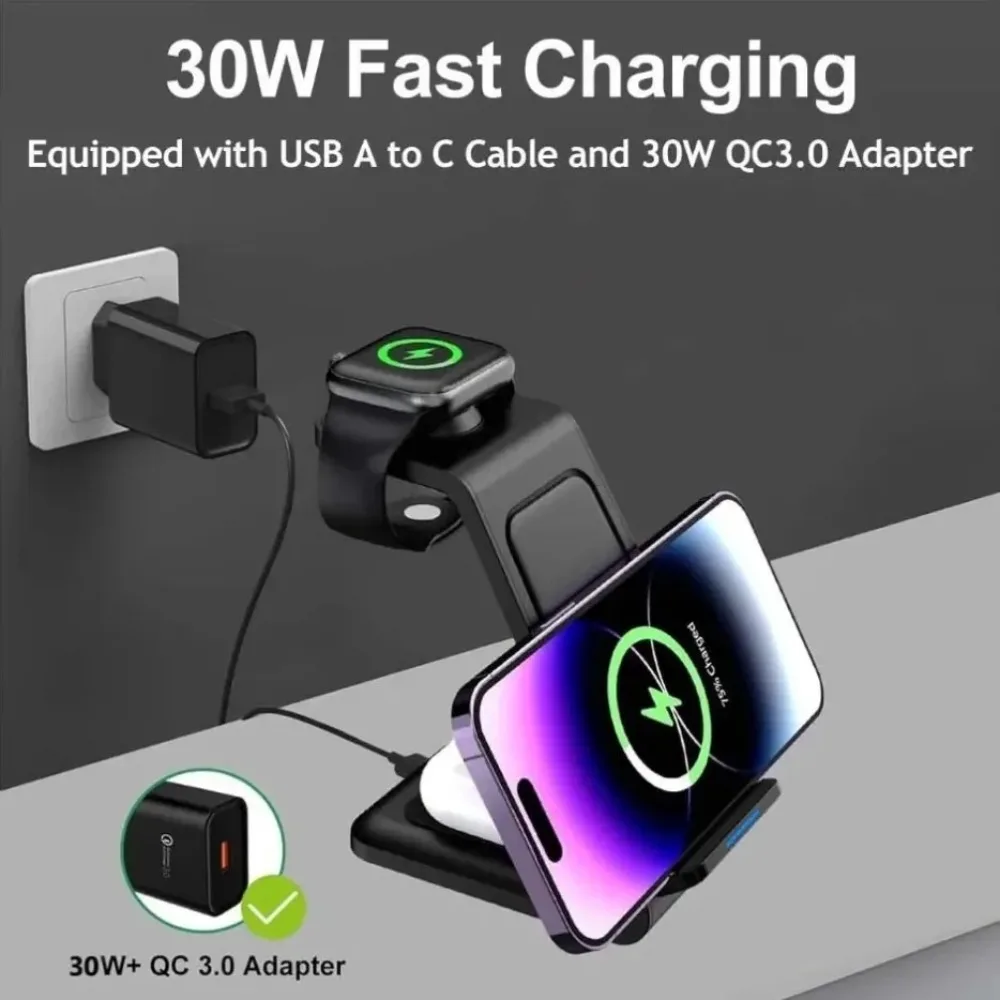 3 in 1 100W Wireless Charger Stand Fast Charging Dock Station Pad For iPhone 16 15 14 13 12 Pro Max iWatch Samsung S24 S23 S22