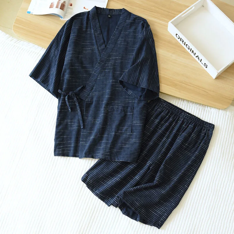 100% Cotton Summer Men Pajamas Japanese Kimono 2 Piece Set Nightwear Simple Sleepwear Suit Pijama Loungewear pajama sets