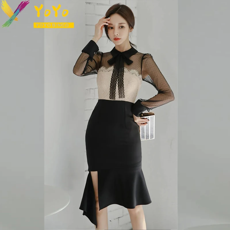 

Elegant Party Dress Transparent Mesh Stitched Lace Bow Polo Dress Spring Women Slim Bodycon vestido Sexy Club Fishtail Dress