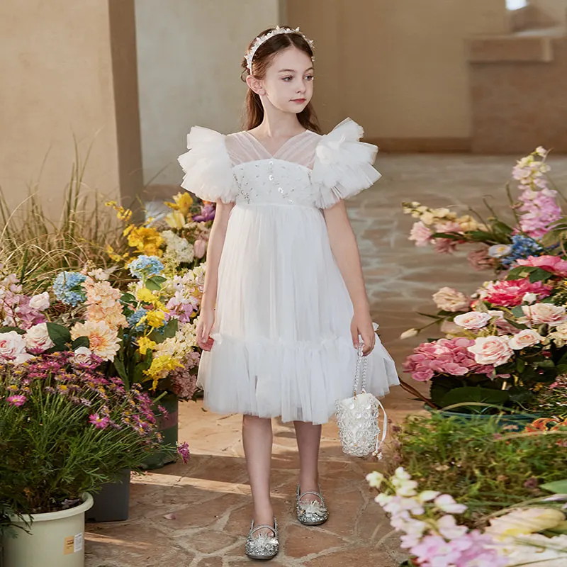 Summer Hot Sale Girls Champagne White Wedding Party Dresses Fashion Mesh Ruffle Sleeve Costume for Baby 4 5 7 9 11Years Old