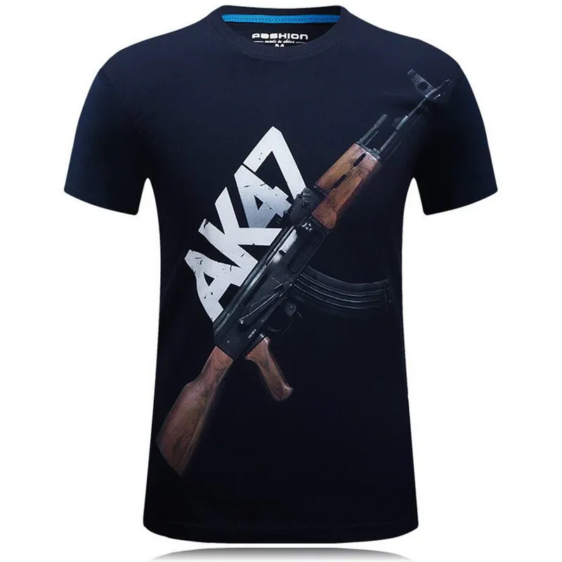 

Men's Summer Personality Short Sleeve T-shirt Ak 47 Gun Printed Army Fan Tough Guy Wind Speed Dry O Neck Shirt Punk Large Top