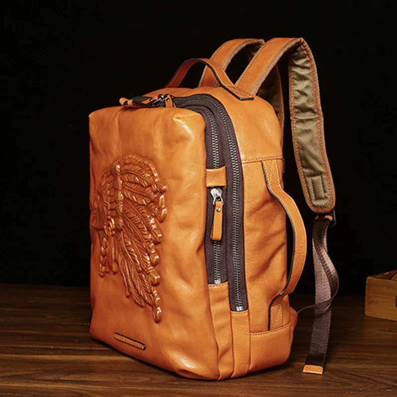 Men's Genuine Leather Backpack Trendy Fashion Tree Cream Top Layer Cowhide Large Capacity Printed Computer Bag