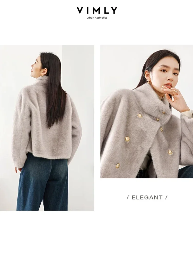 Vimly Gray Cropped Faux Fur Coat 2023 Winter Warm Stand Collar Fluffy Jacket Elegant Long Sleeve Overcoats Female Clothes 50761