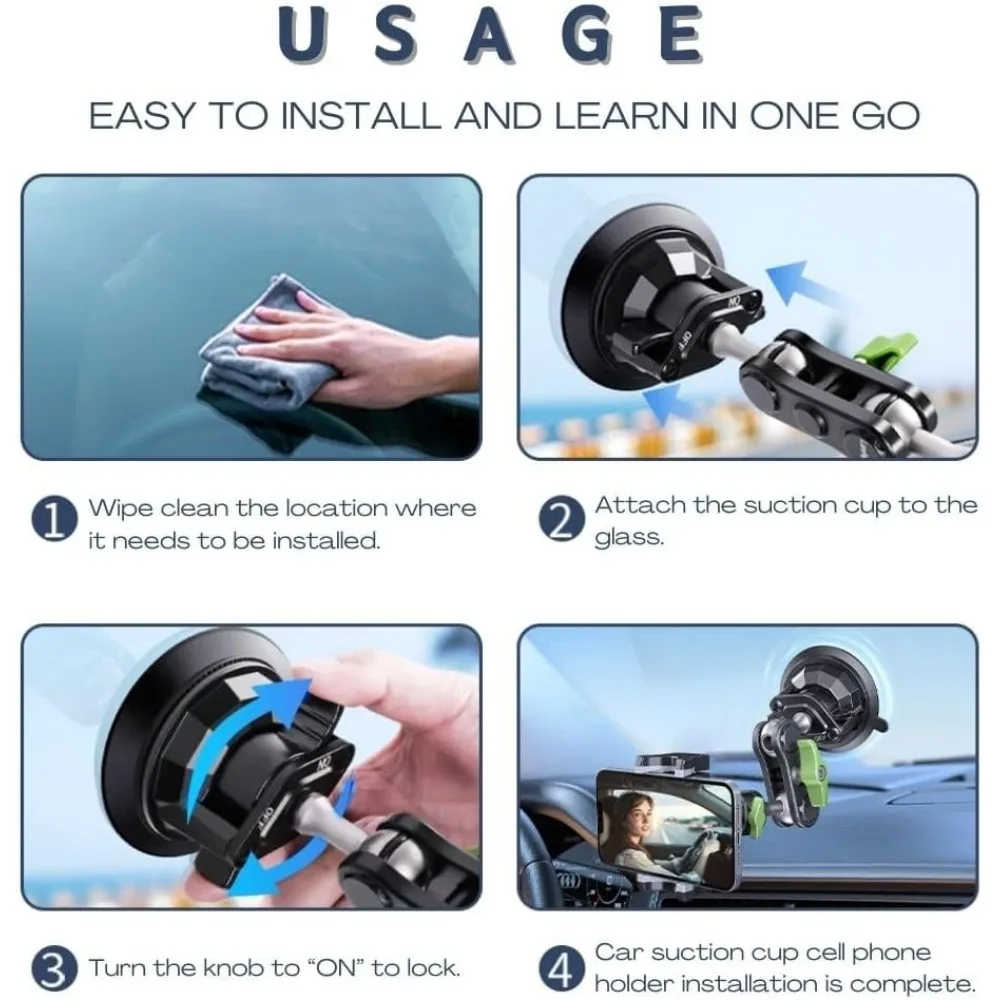 Suction Cup Phone Mount Ultra-Stable 360 Rotation Phone Holder Stand for Vlog Shooting for Windshield Roof Glass Car Window Fit
