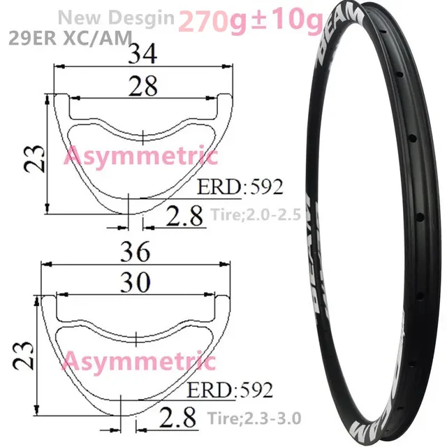 Jantes Carbonbeam neuves, seulement 270g, profondeur asymétrique 23mm, largeur 28mm, 30mm, 32mm, 29er, sans crochet, tubeless, jantes VTT carbone 29er. 1