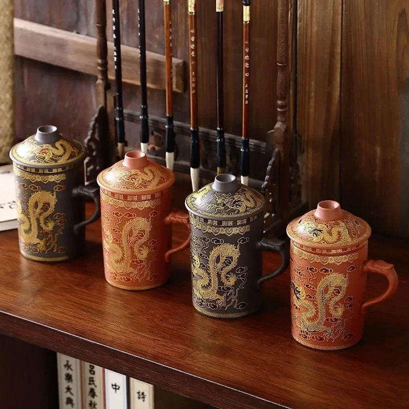 300ML Chinese Yixing Tea Cup,Purple Clay Dragon and Phoenix Tea Pot with Filter/Infuser for Coffee & Sets