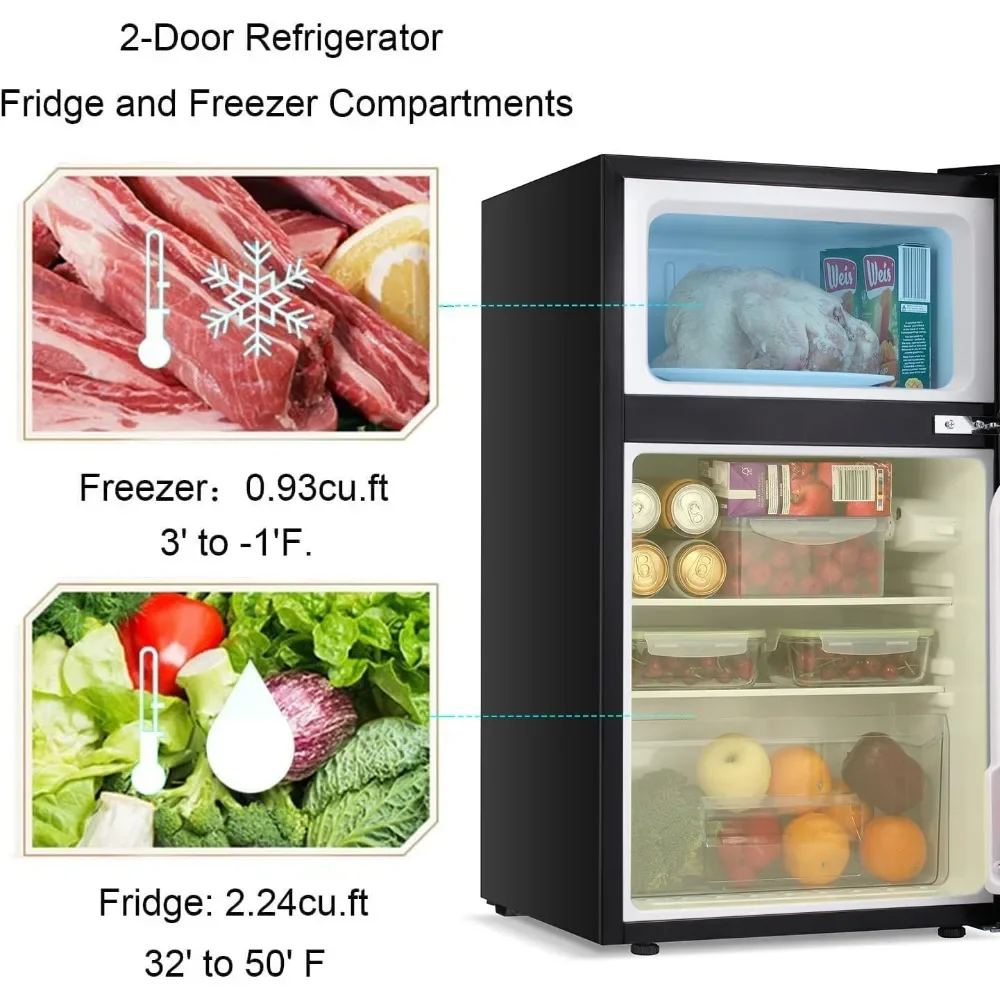 Mini refrigerator 3.2Cu Ft compact defrosting double door freezer for energy-saving storage of beverages vegetables and fruits