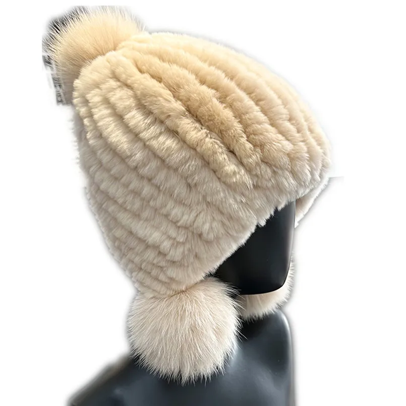 

Winter Women Real Rex Rabbit Fur Hat Luxury Female Genuine Fur Cap with Fox Fur Pompom Ball Beanies Warm Soft Fluffy Headwear