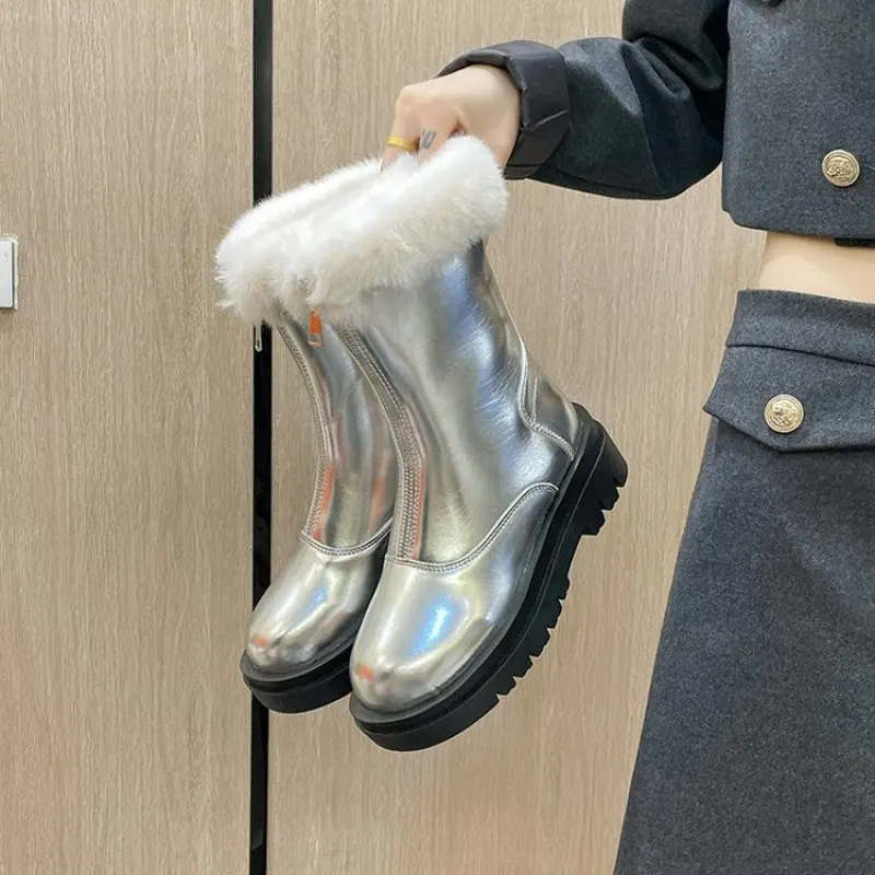 Women's Shoes High Quality Front Zipper Women's Boots Winter Round Toe Solid Plush Warm Platform Water Proof Short Boots Big Siz
