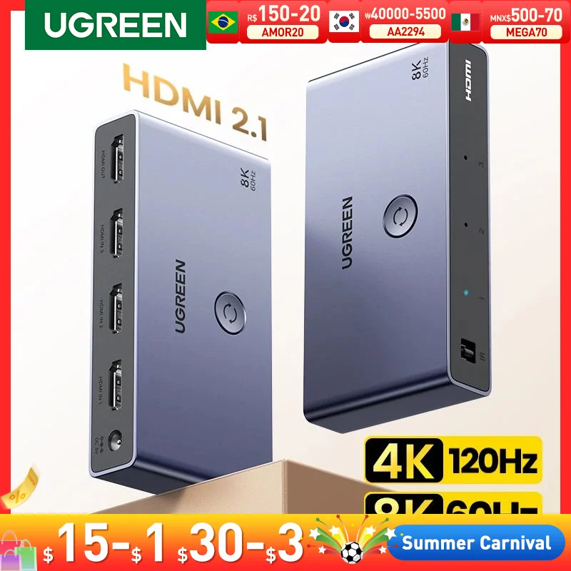 UGREEN HDMI 2.1 2.0 8K Switch 3 in 1 Out with Remote Control 8K@60Hz, 4K@120Hz Converter Splitter Switcher For Xbox PS5 Monitors