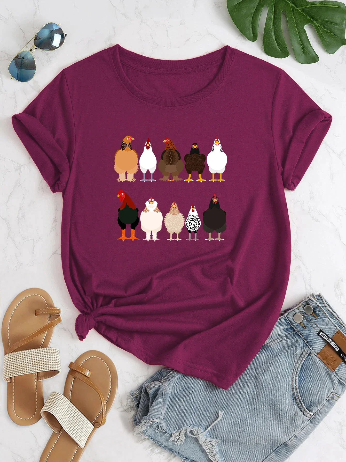 

Chicken Print Crew Neck T-shirt, Casual Loose Short Sleeve Fashion Summer T-Shirts Tops, Women's Clothing